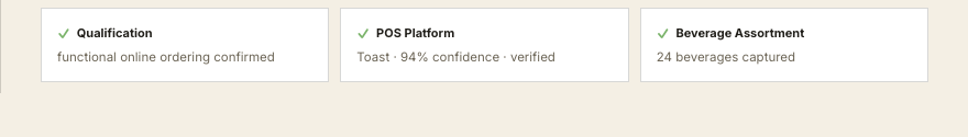 Before: POS Platform shown as Toast · 94% confidence · verified, no link, no evidence