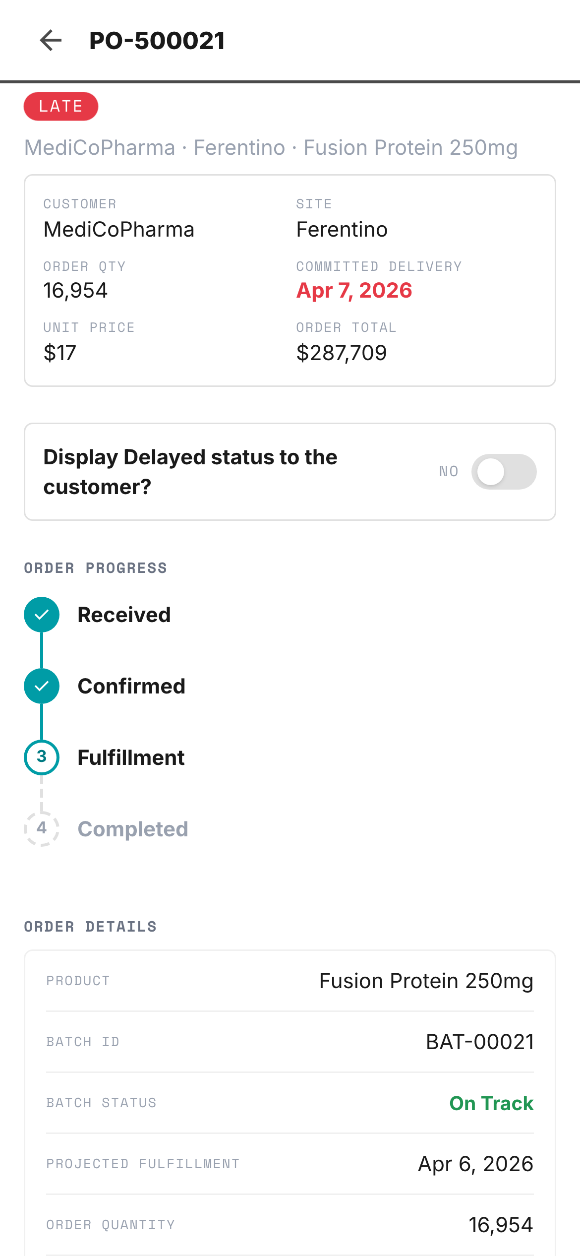mySupply mobile Order Detail sheet with a Late status pill