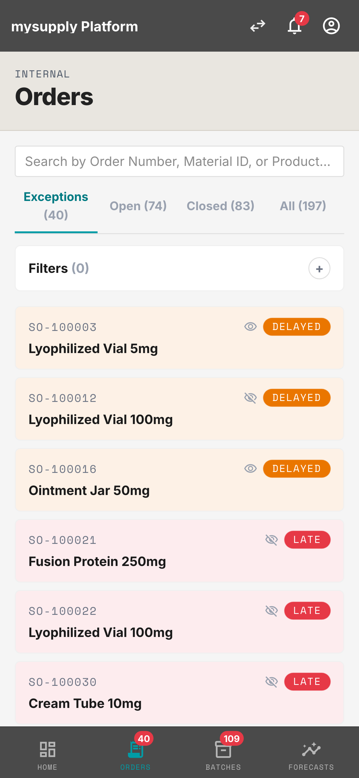 mySupply mobile Orders screen with Late and Delayed exception rows and visibility toggles