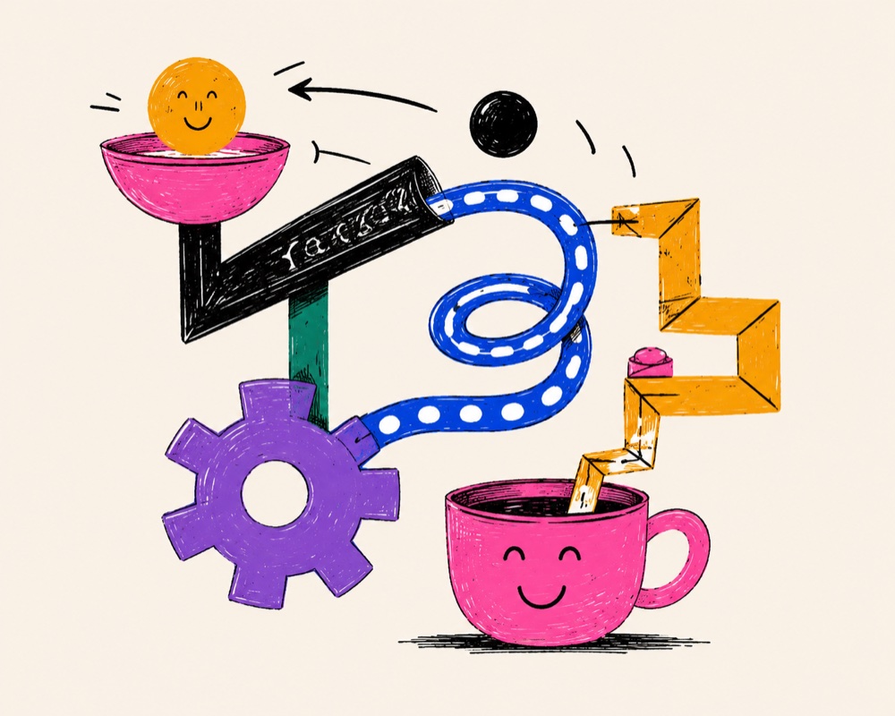 A Rube Goldberg machine — gears, a chalkboard, a smiley cup — the labyrinthine path from intent to interpreted output