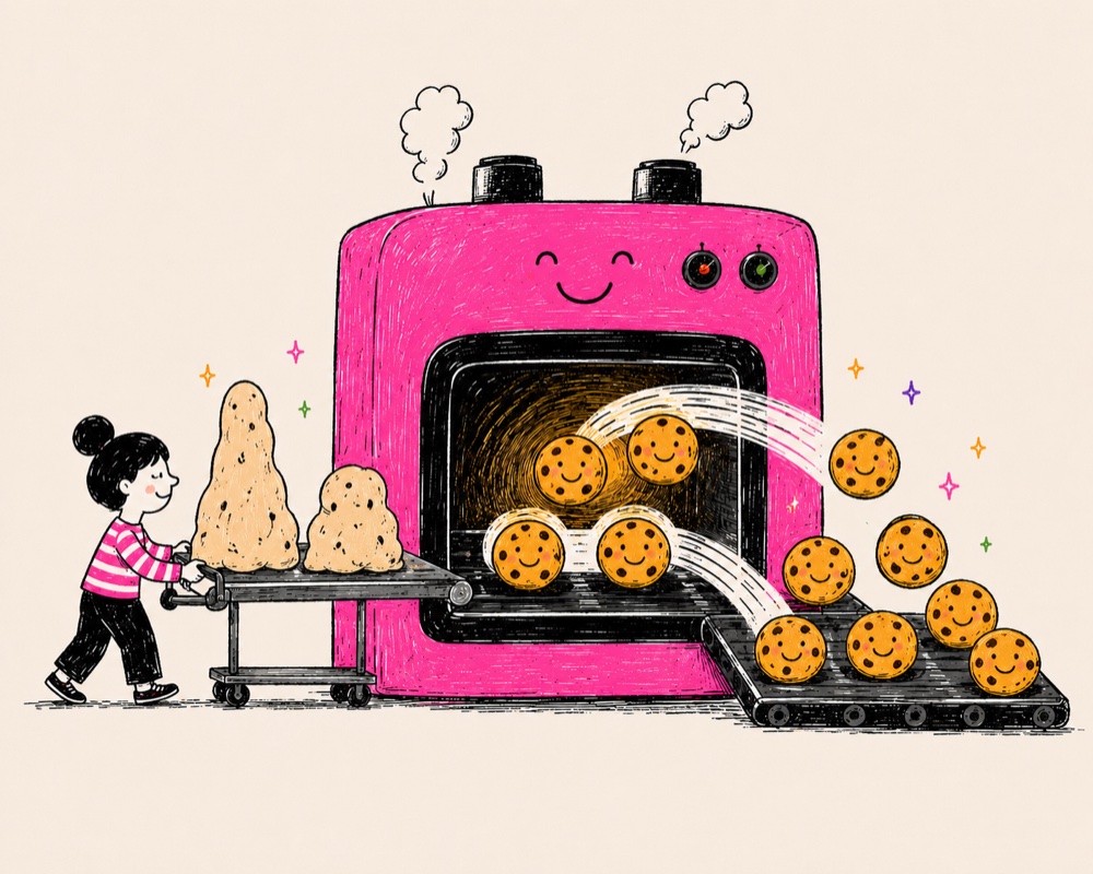 A smiling pink oven transforms lumpy blobs into perfect cookies — the same result every single time