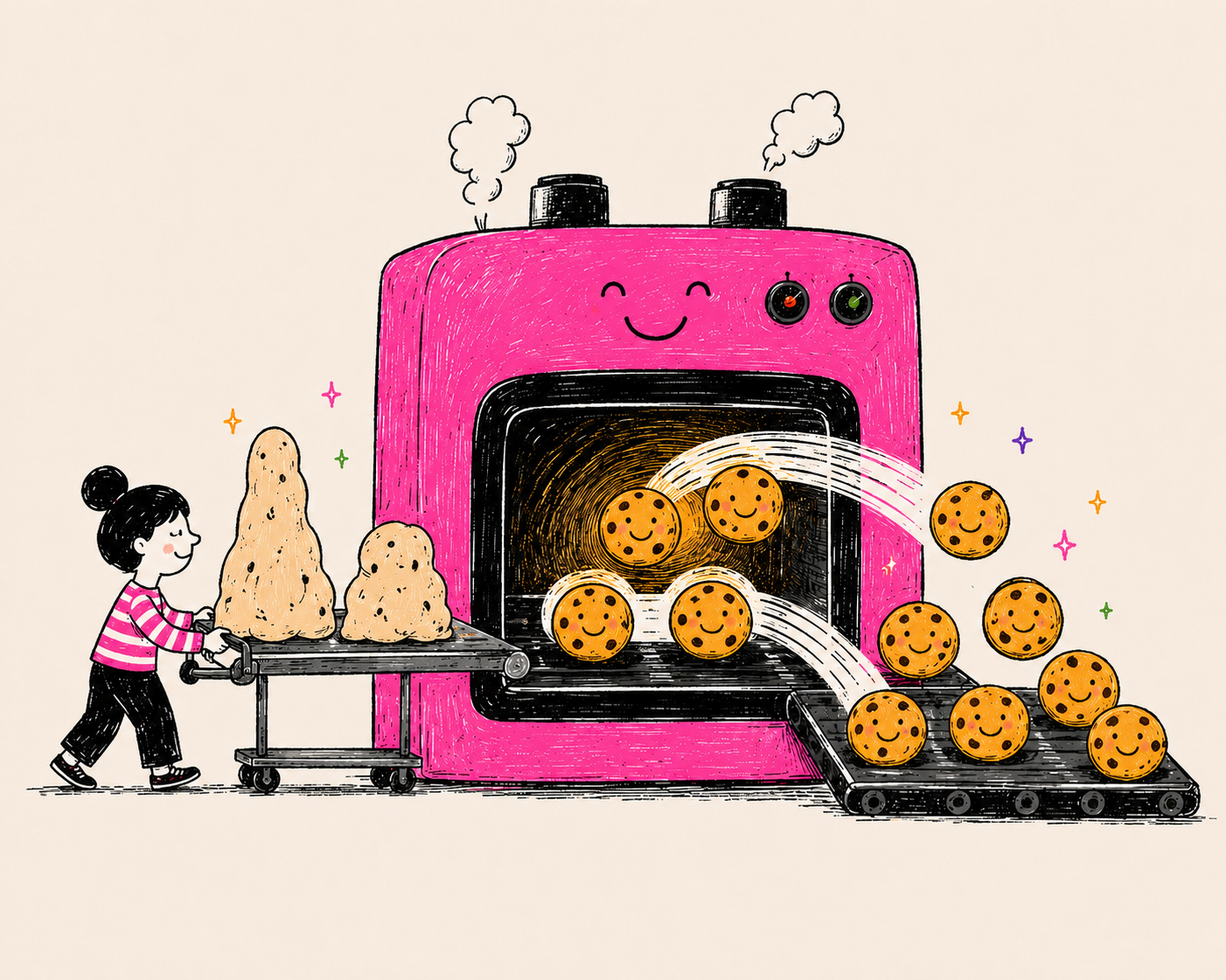 A smiling pink oven transforms lumpy blobs into perfect cookies — the same result every single time