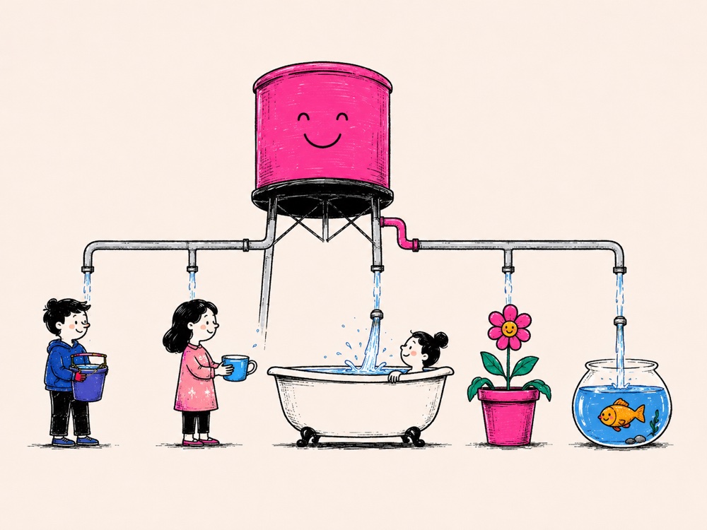 A pink water tank distributes reliably to everyone — the same flow, every time