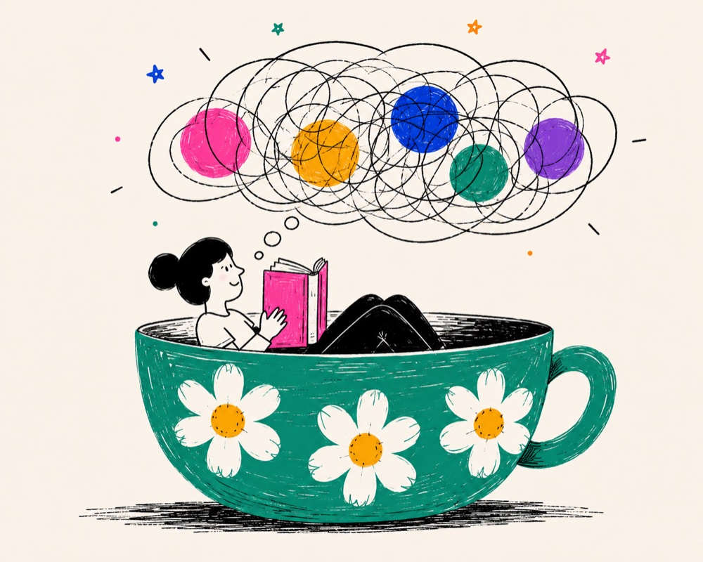 A girl reads in a giant teacup; colorful thought bubbles swirl above