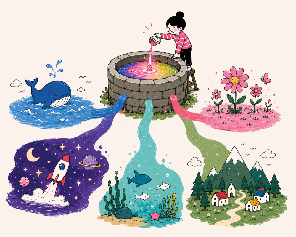 A woman pours from a well; colorful streams branch into entirely different worlds below