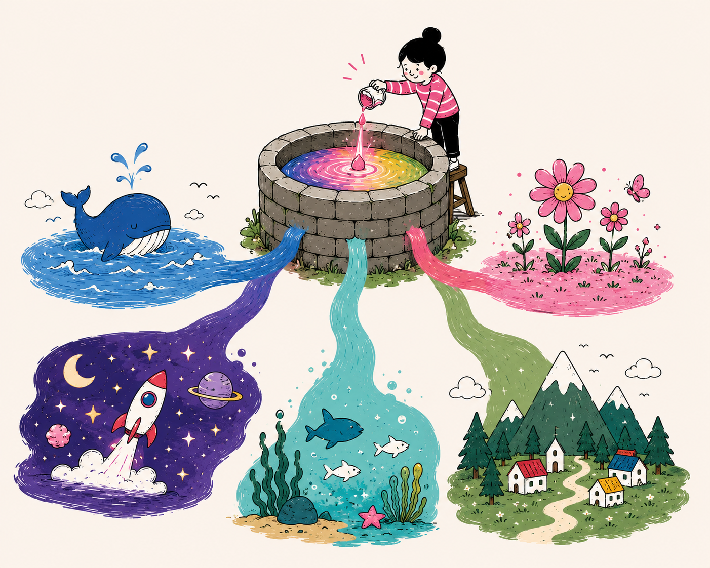 A woman pours from a well; colorful streams branch into entirely different worlds below