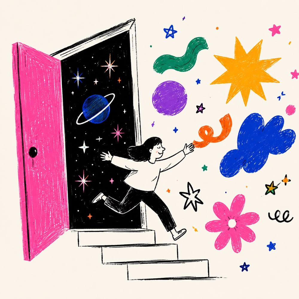 A figure steps through an open door from a starlit cosmos into a world of colorful floating shapes