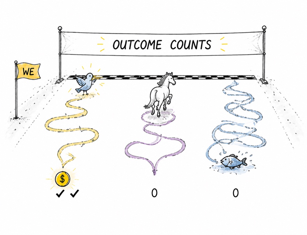 Race track: only the finisher earns a charge — outcome billing as trust design