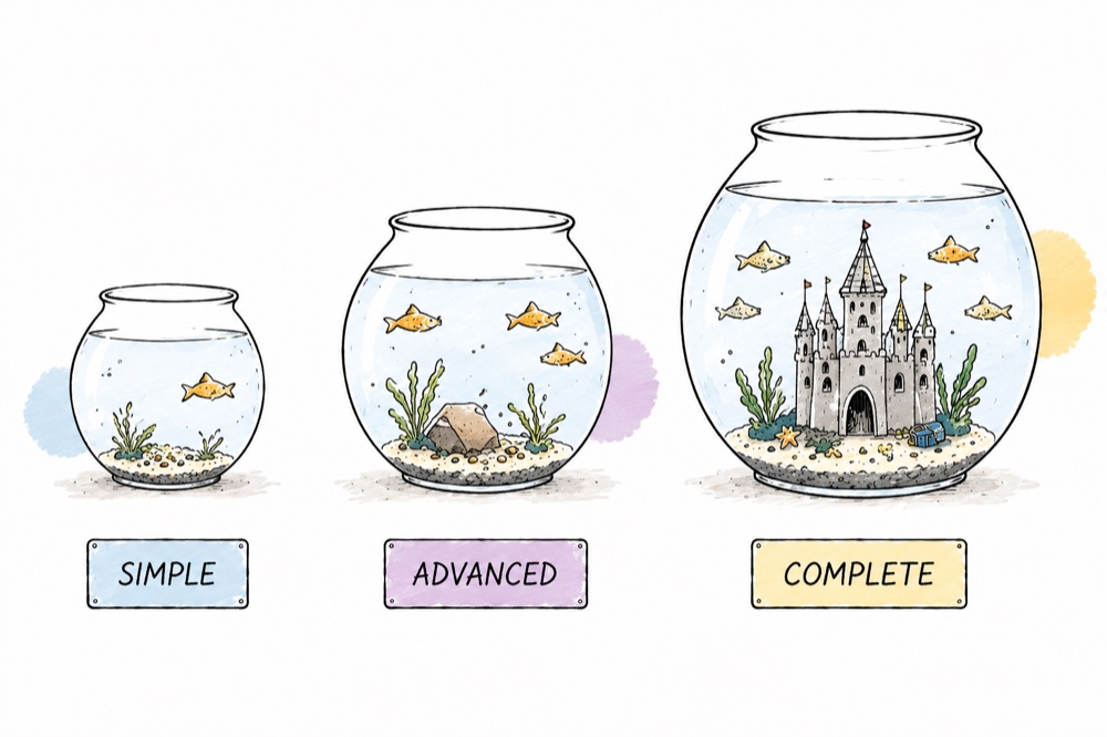 Three fish bowls — each tier name recruits a different occupant