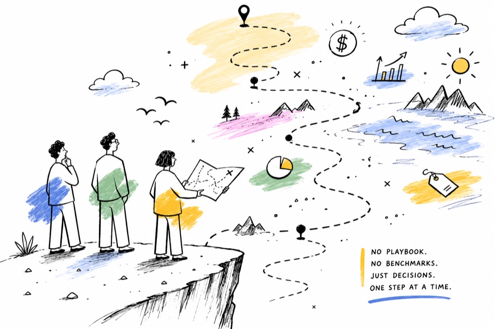 Three people on a cliff with a map — no playbook, just decisions one step at a time